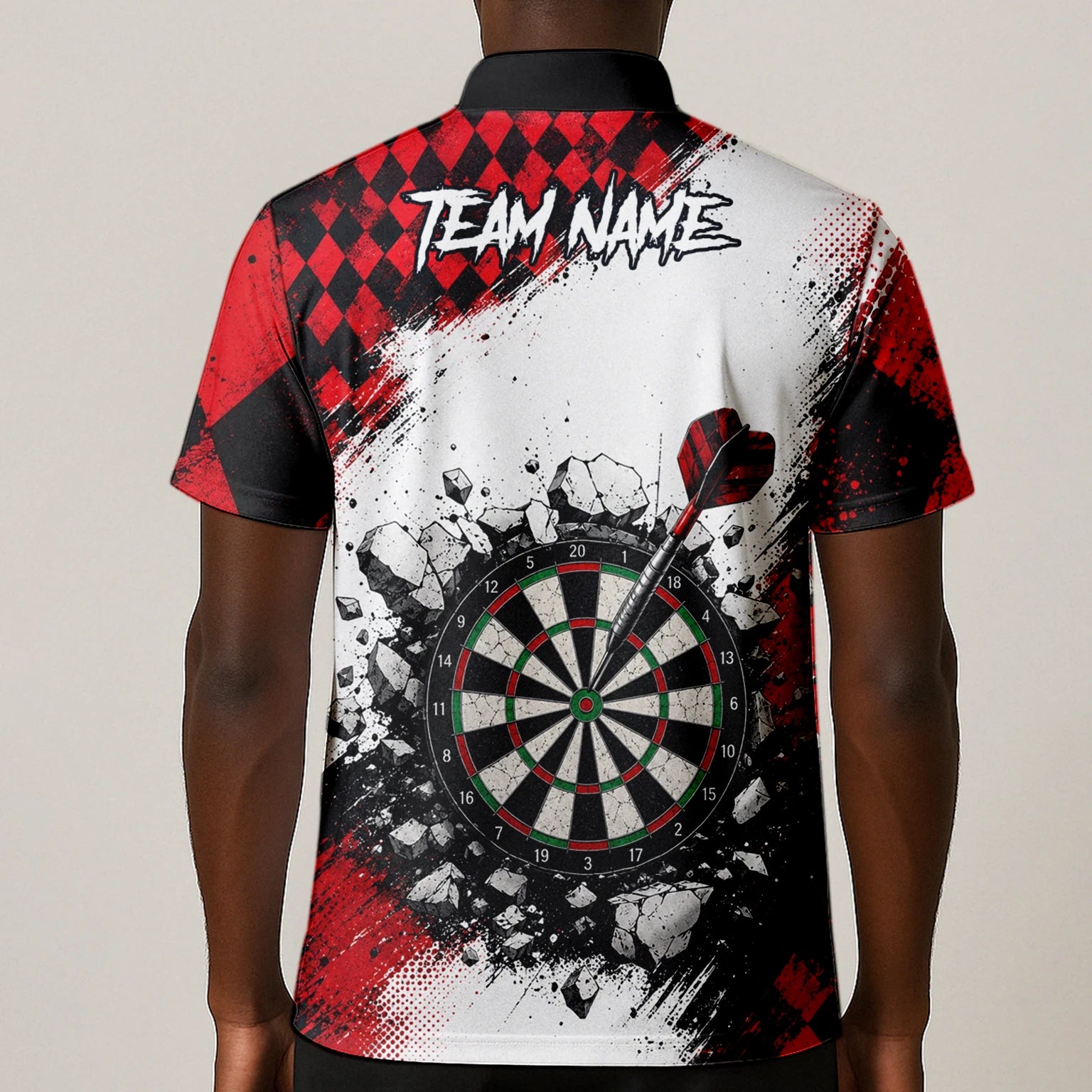 Personalised Red & Black Gothic Harlequin Darts Polo Shirt For Men K572