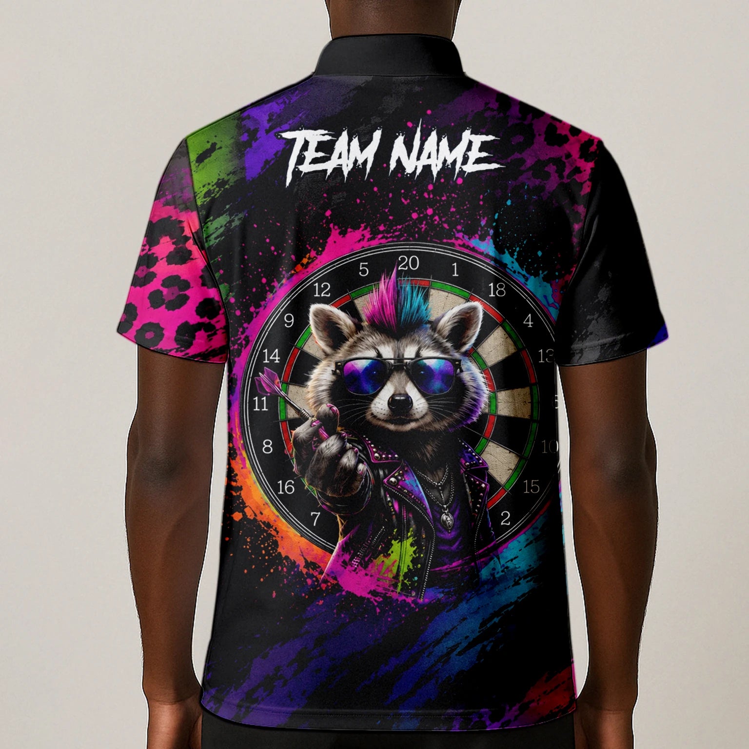 Personalised Black Multicolour Punk Raccoon Dartboard Darts Shirt For Men E164