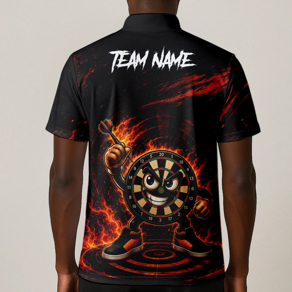Personalised Black & Red Fiery Dartboard Character Darts Shirt For Men W224
