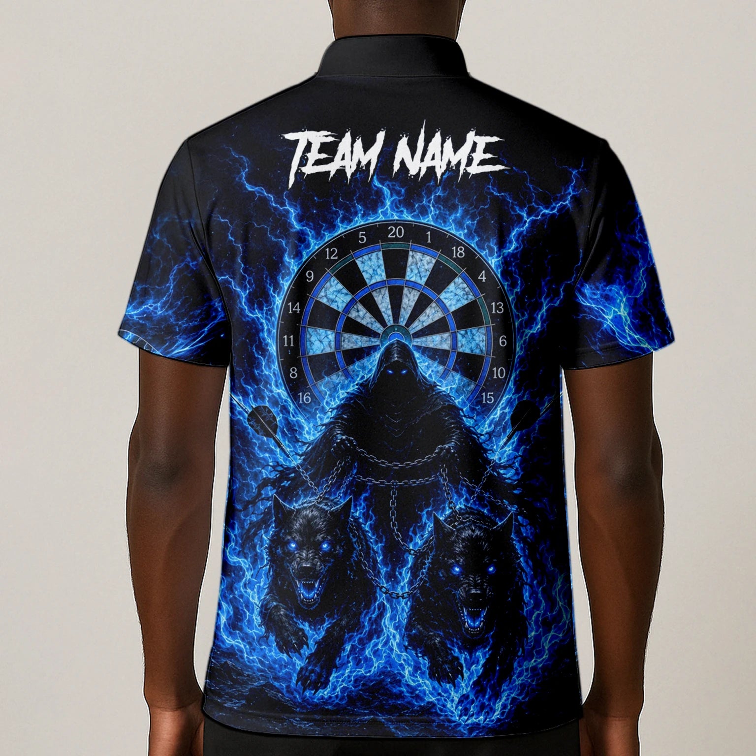 Personalised Black & Blue Grim Reaper and Wolves Darts Shirt For Men X871
