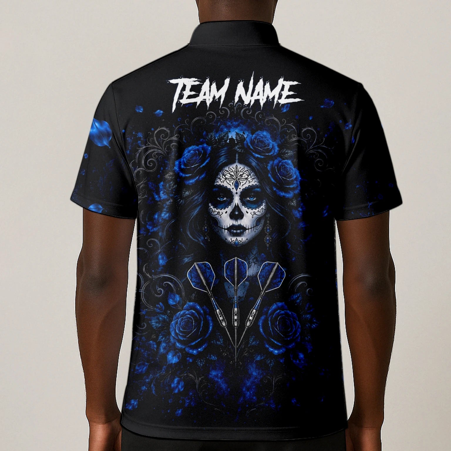 Personalised Black & Blue Sugar Skull Roses Darts Shirt For Men I884