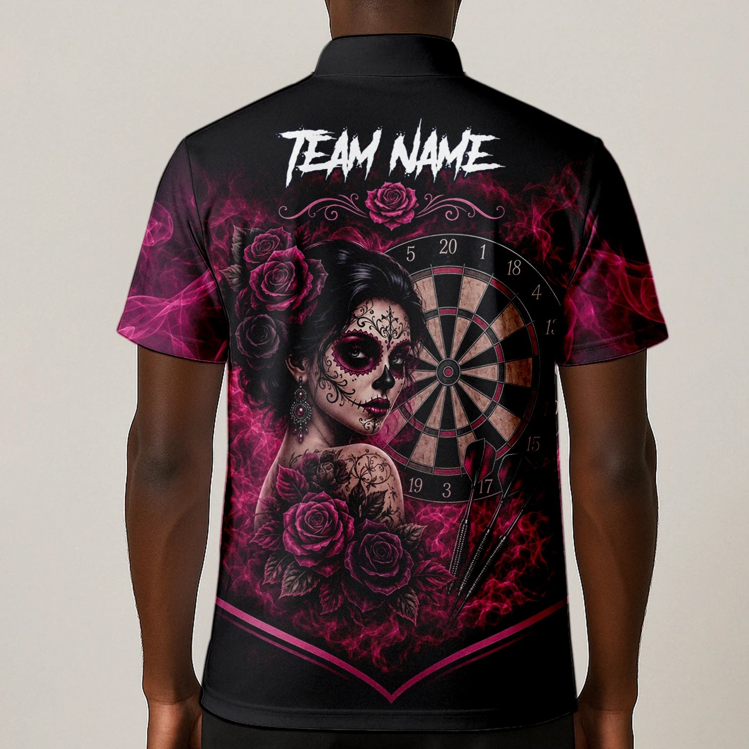 Personalised Black & Pink Sugar Skull Roses Darts Shirt For Men Z109
