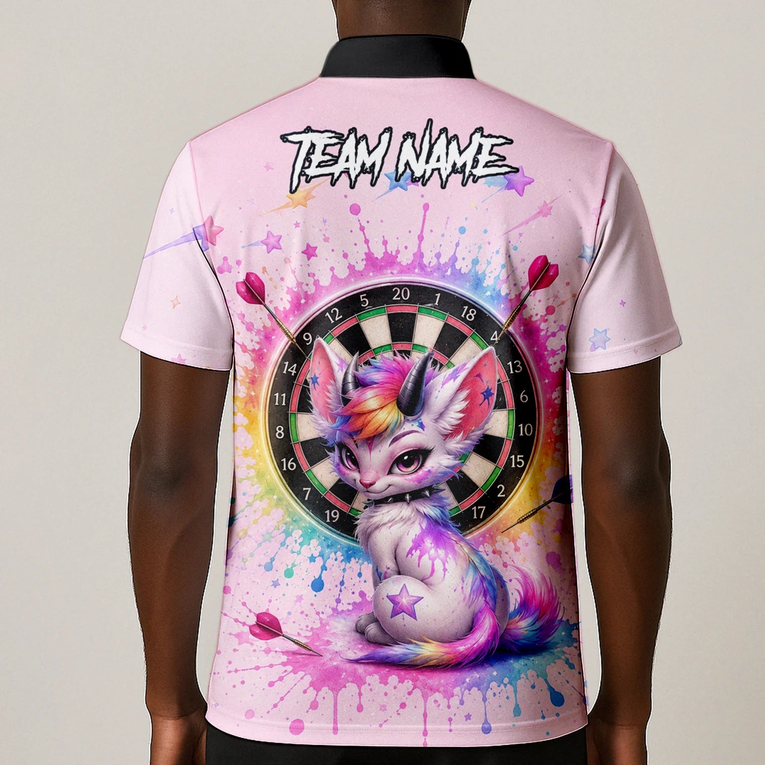 Personalised Pink & Rainbow Fantasy Cat Unicorn Darts Shirt For Men X398
