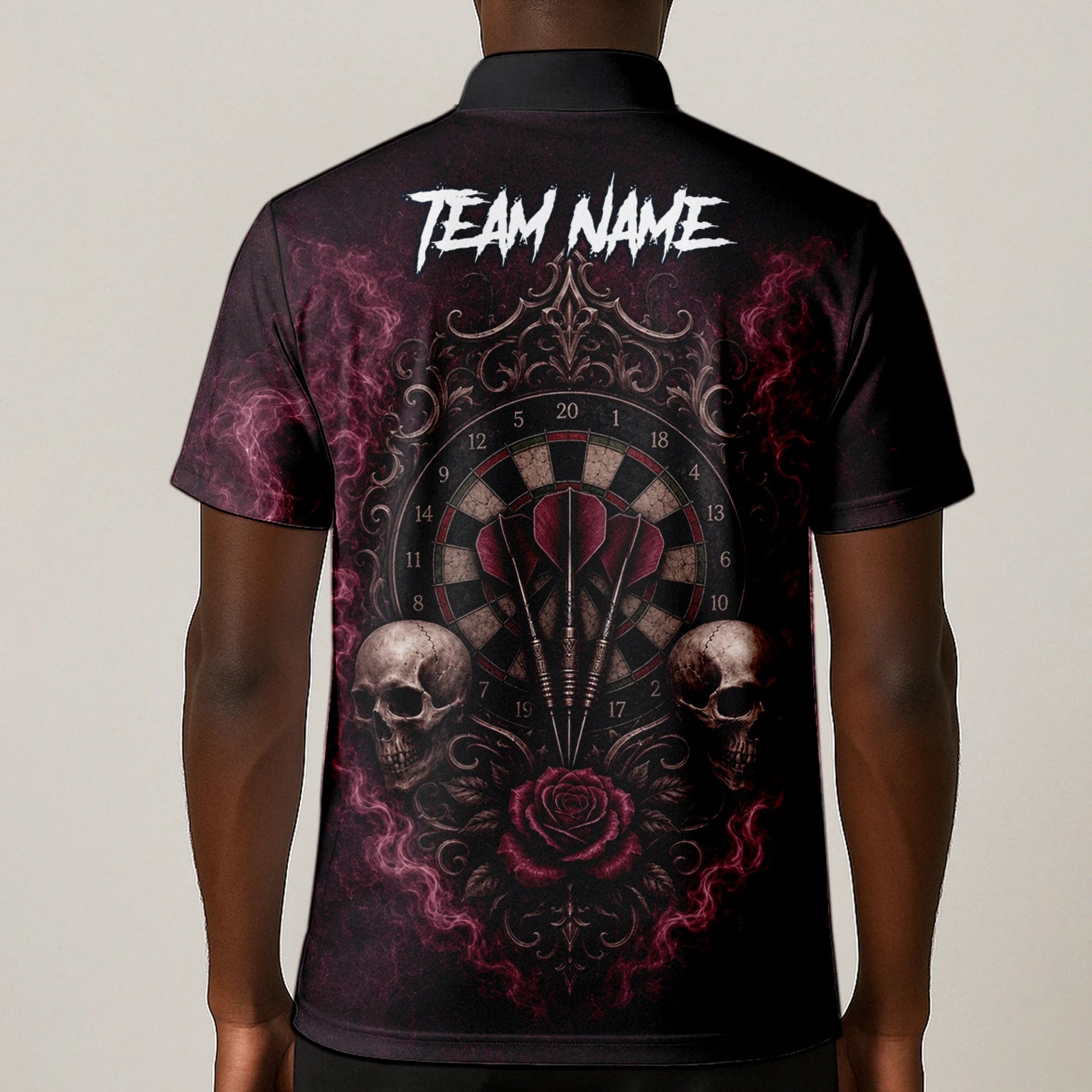 Personalised Burgundy & Black Skull Rose Darts Shirt For Men U786