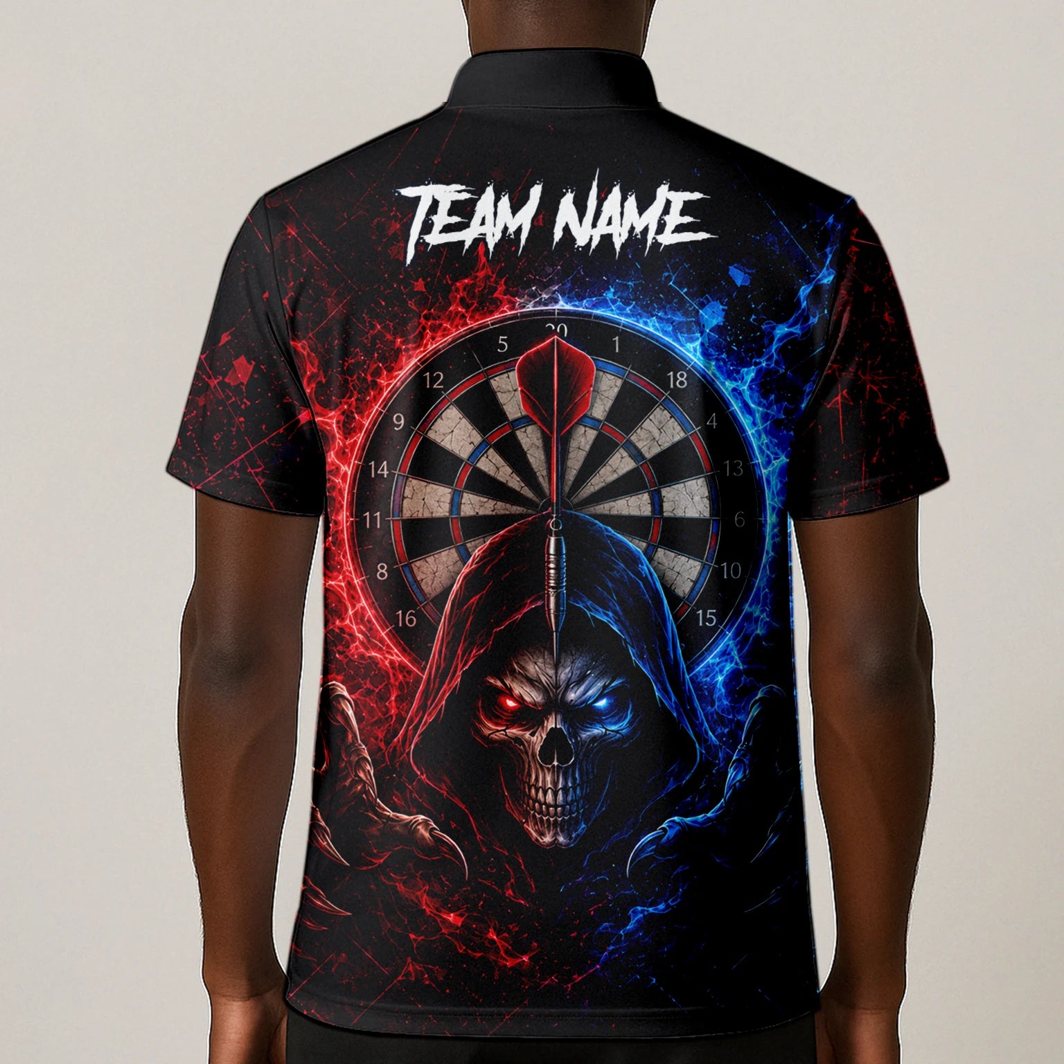 Personalised Red & Blue Split Skull Darts Polo Shirt For Men L857