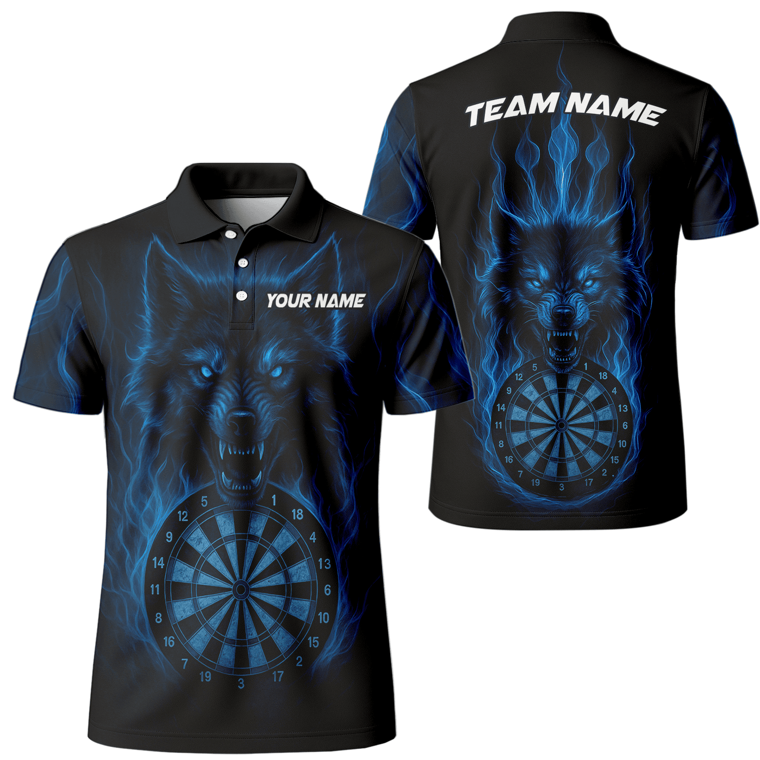 Personalized Blue Flaming Wolf Dartboard Dart Shirt Polo Black For Men E3749 main image - polo No