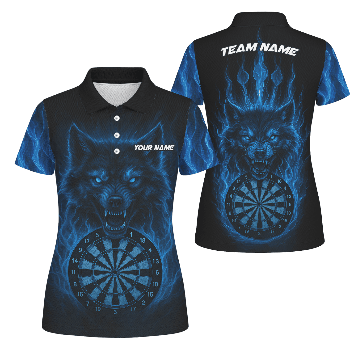 Personalized Blue Flaming Wolf Dartboard Dart Shirt Polo Black For Women E3749 main image - polo No