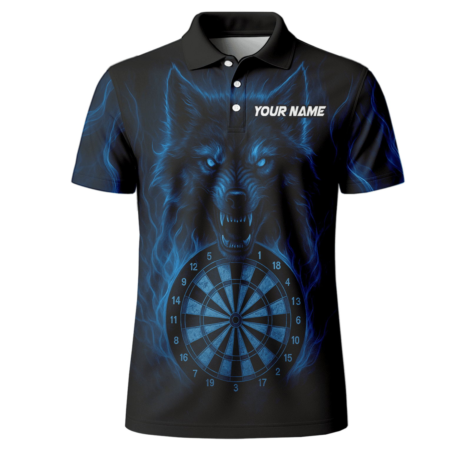 Personalized Blue Flaming Wolf Dartboard Dart Shirt Polo Black For Men E3749 additional image 2