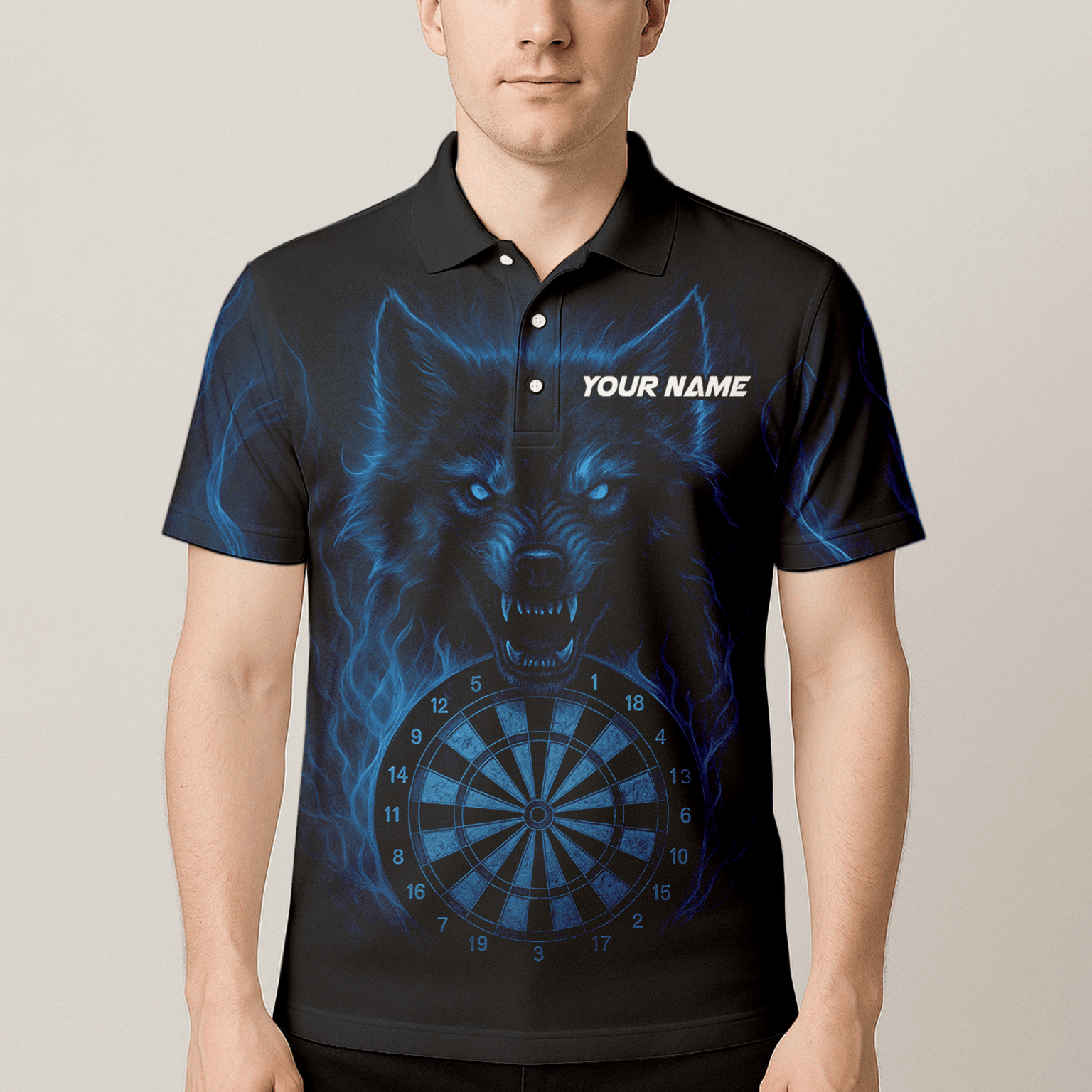 Personalized Blue Flaming Wolf Dartboard Dart Shirt Polo Black For Men E3749 additional image 4