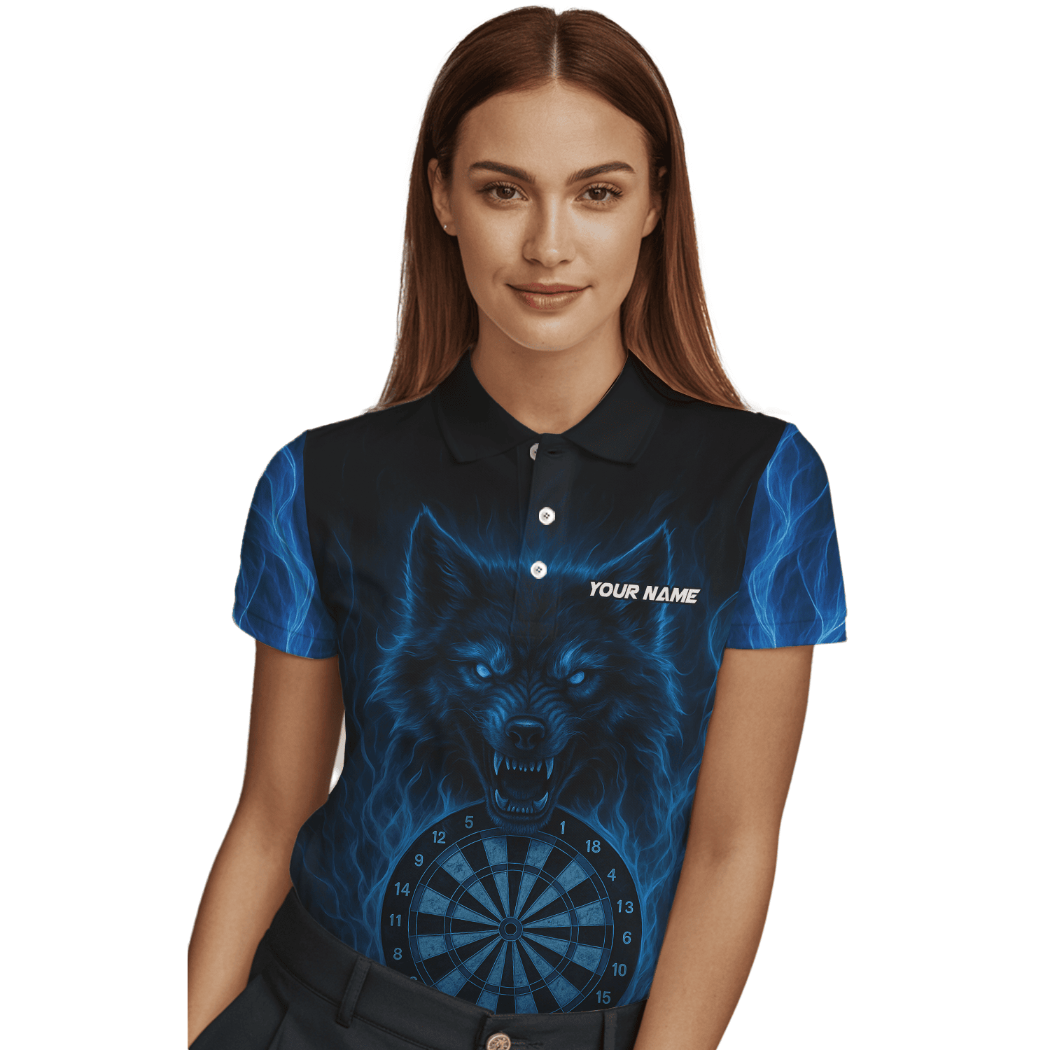 Personalized Blue Flaming Wolf Dartboard Dart Shirt Polo Black For Women E3749 additional image 3