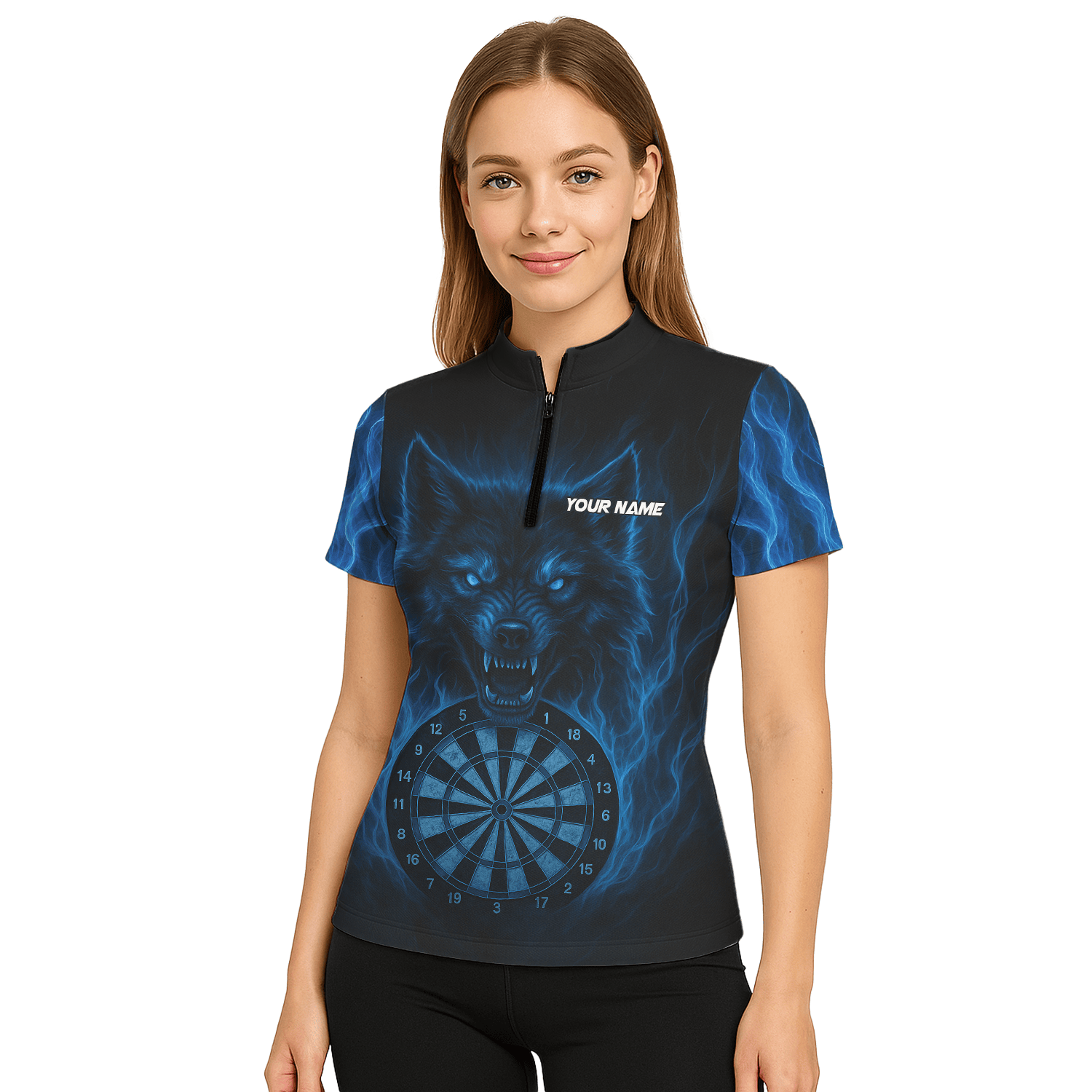 Personalized Blue Flaming Wolf Dartboard Dart Shirt Polo Black For Women E3749 additional image 5