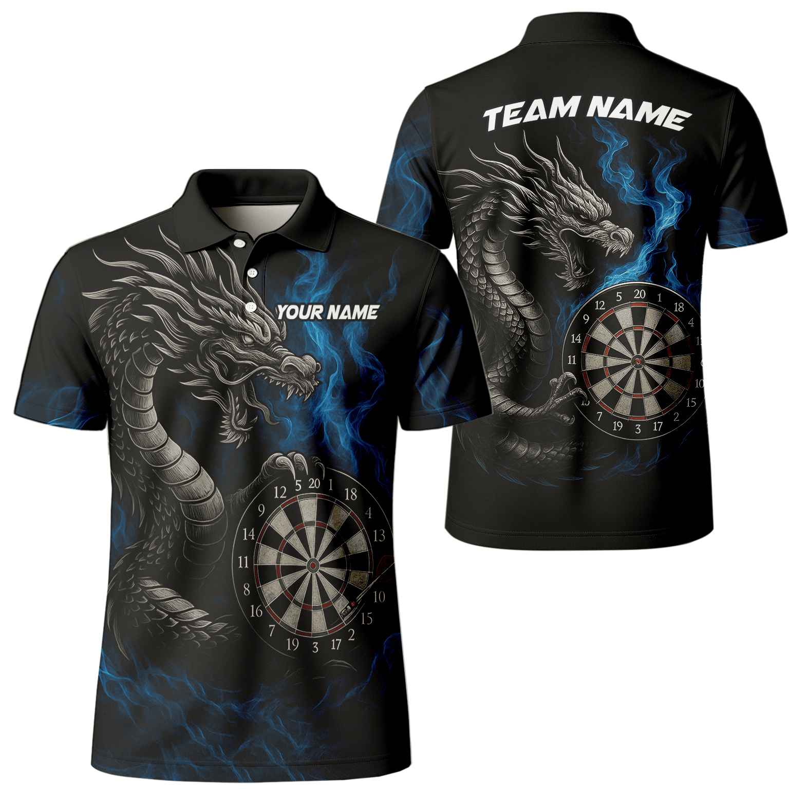 Personalized Dart Polo Shirt Custom Name Team Blue Flame Dragon Jersey for Men S7926 main image - polo No