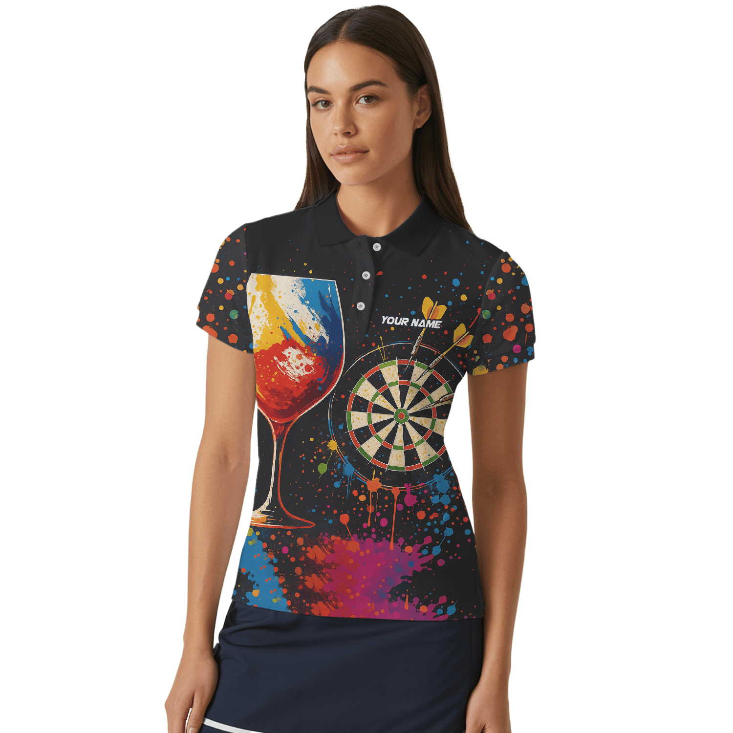 Personalized Colorful Paint Splatter Wine Glass Dart Polo Shirt For Women Q0247 additional image 4