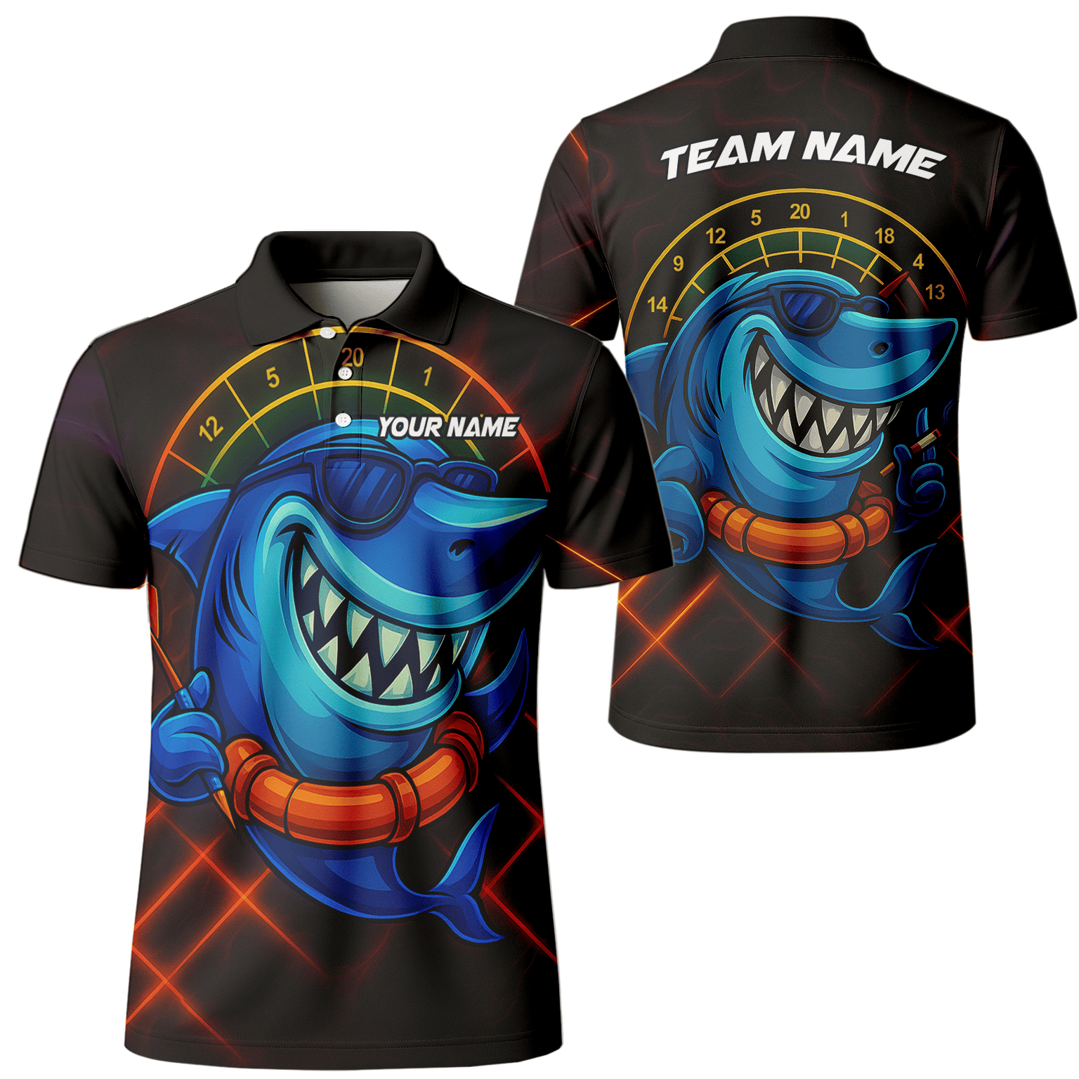 Personalized Cartoon Shark Dart Jersey Custom Name Team Polo Shirt Black Blue For Men L1234 main image - polo No