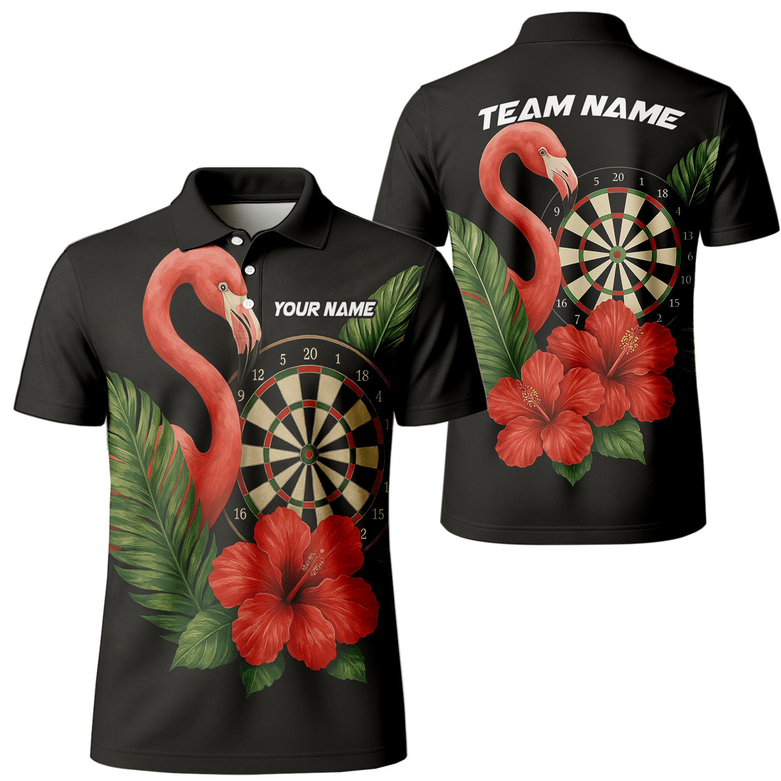 Personalized Flamingo Tropical Darts Polo Shirt Red Hibiscus Black For Men V4228 main image - polo No