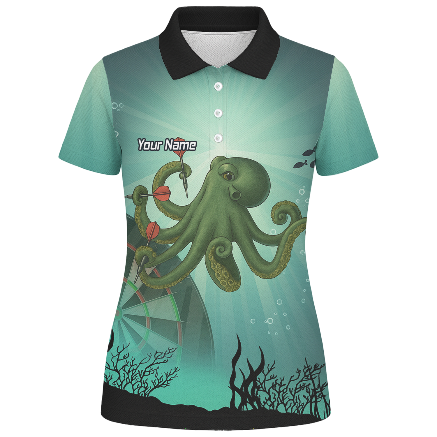 Personalised Octopus Dart Shirt Men, Custom Name Team Polo Jersey Teal Green Underwater A3130 additional image 1