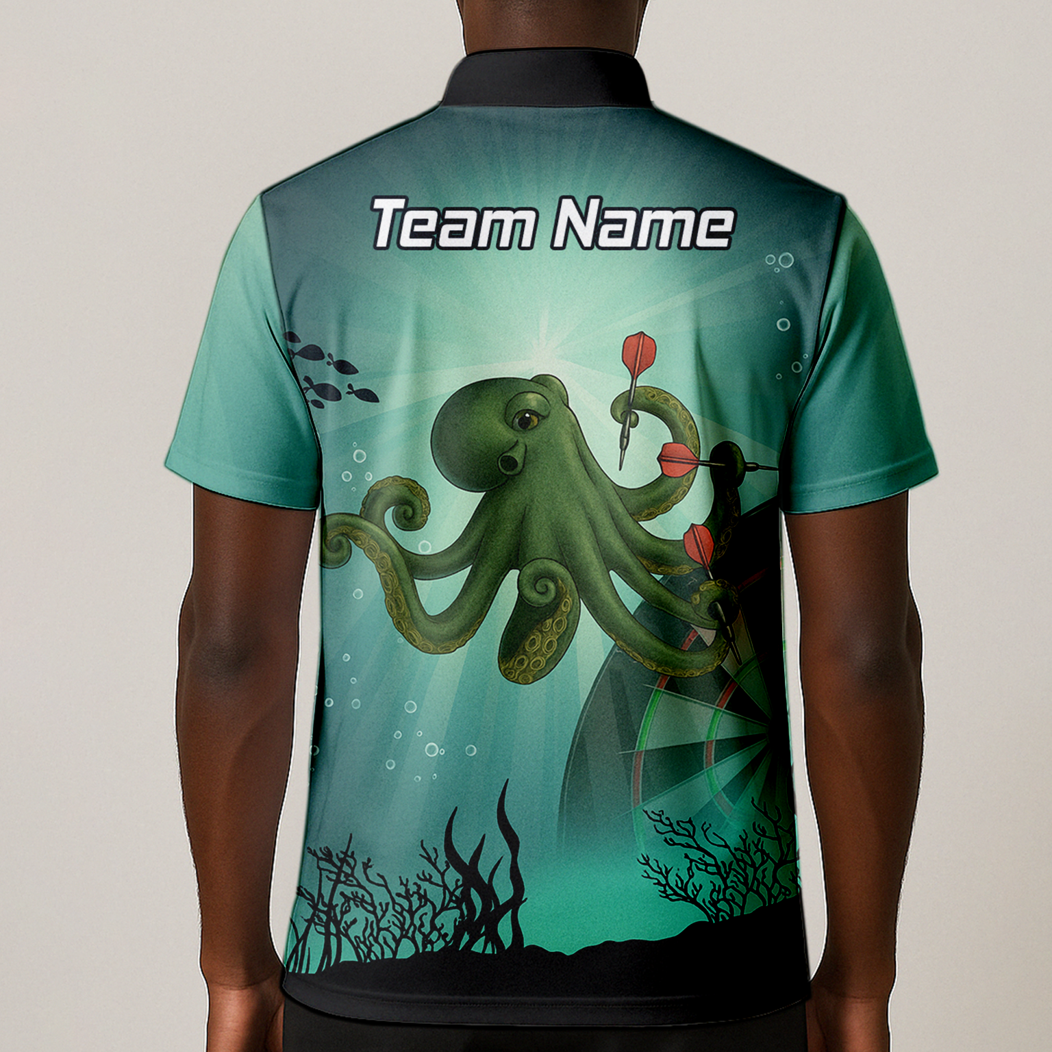 Personalised Octopus Dart Shirt Men, Custom Name Team Polo Jersey Teal Green Underwater A3130 additional image 1