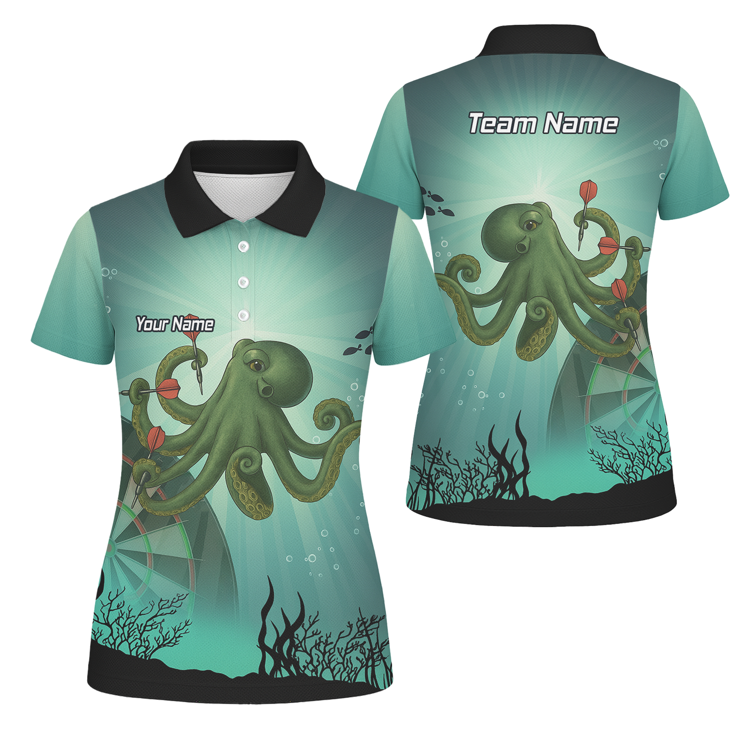 Personalised Octopus Dart Shirt Men, Custom Name Team Polo Jersey Teal Green Underwater A3130 main image - polo No