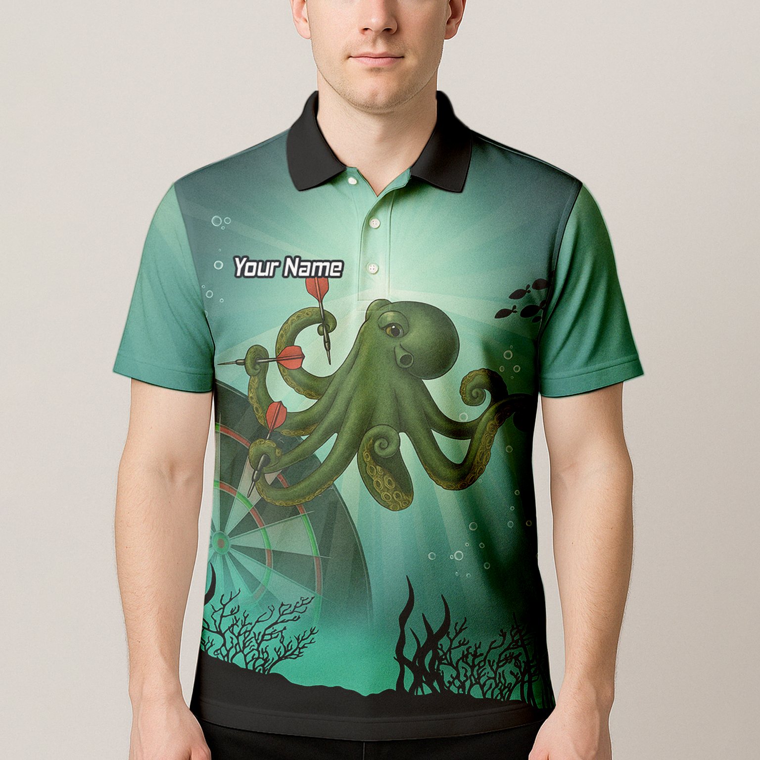 Personalised Octopus Dart Shirt Men, Custom Name Team Polo Jersey Teal Green Underwater A3130 additional image 4