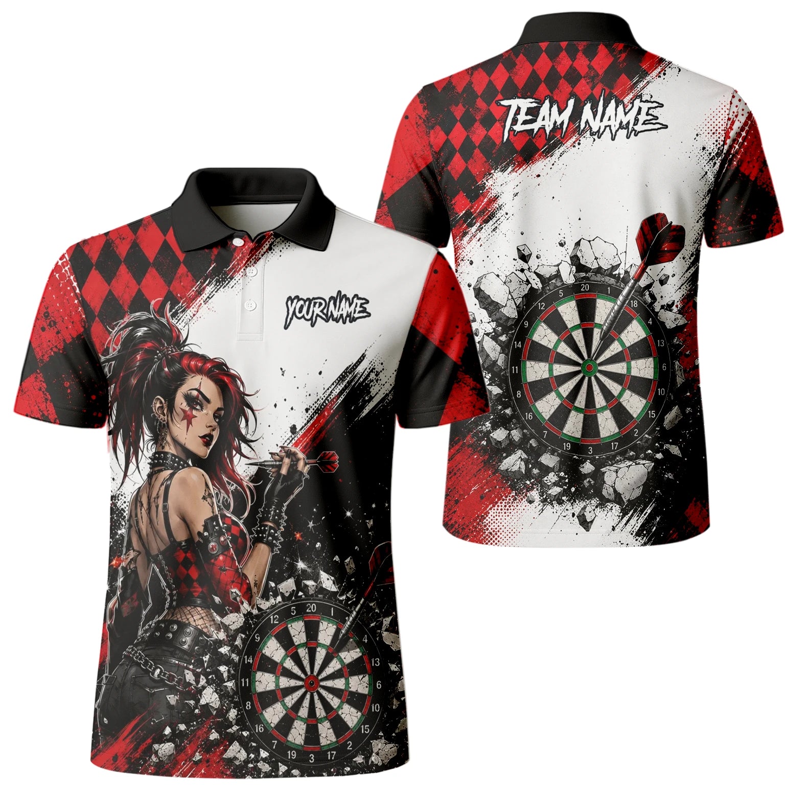 Personalised Red & Black Gothic Harlequin Darts Polo Shirt For Men K572