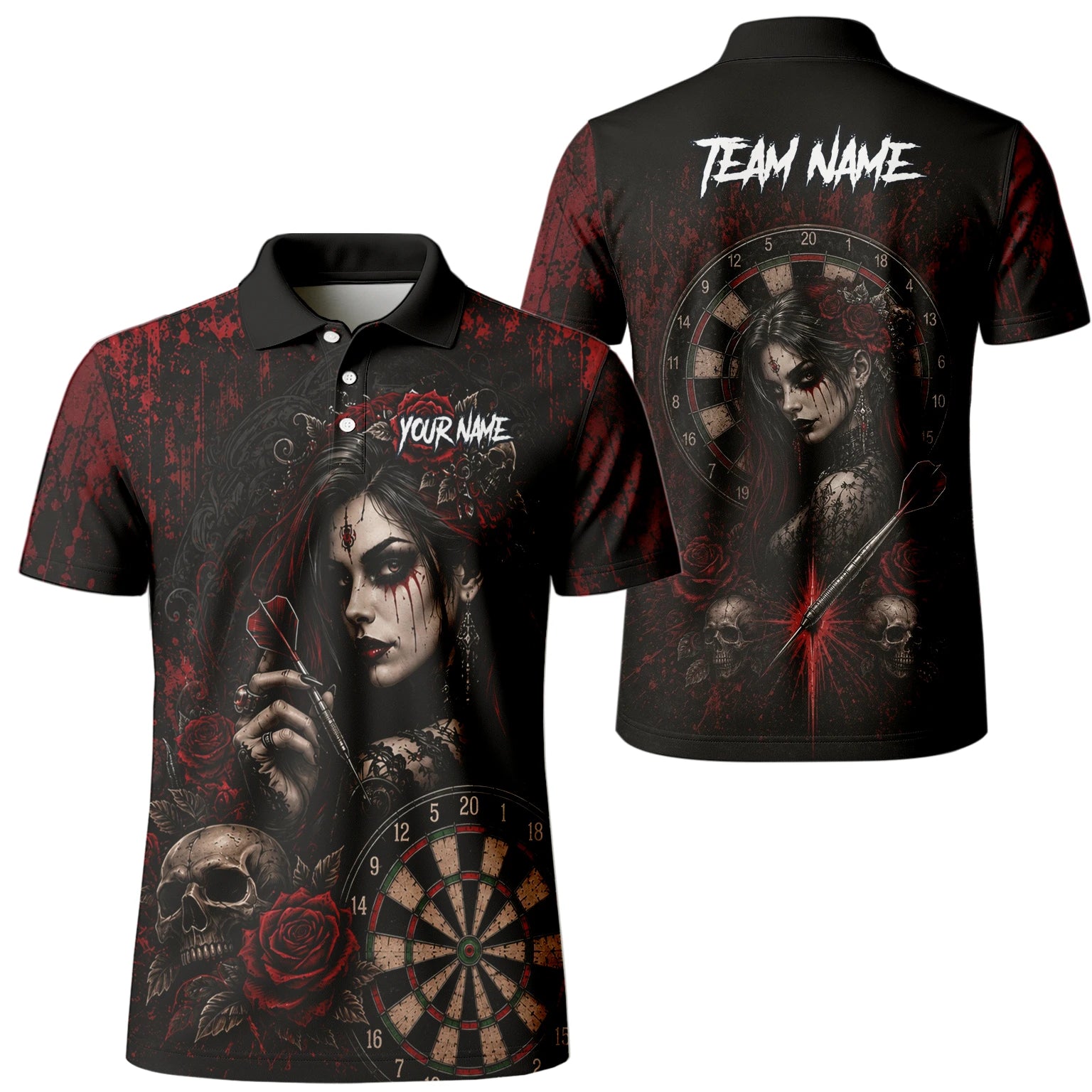 Personalised Black & Red Gothic Woman Skull Darts Shirt For Men W035