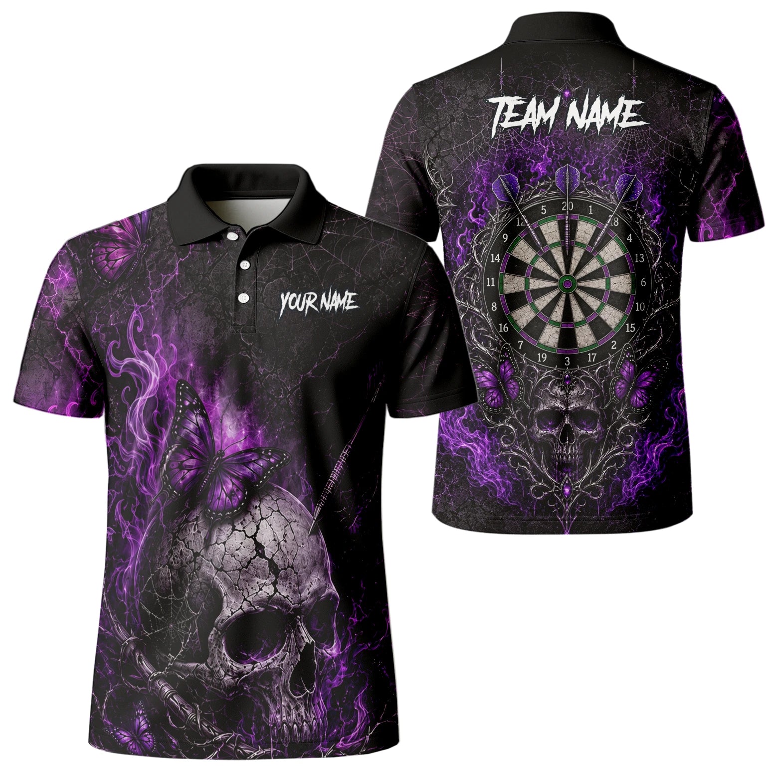 Personalised Black & Purple Skull Butterfly Darts Shirt For Men Q241