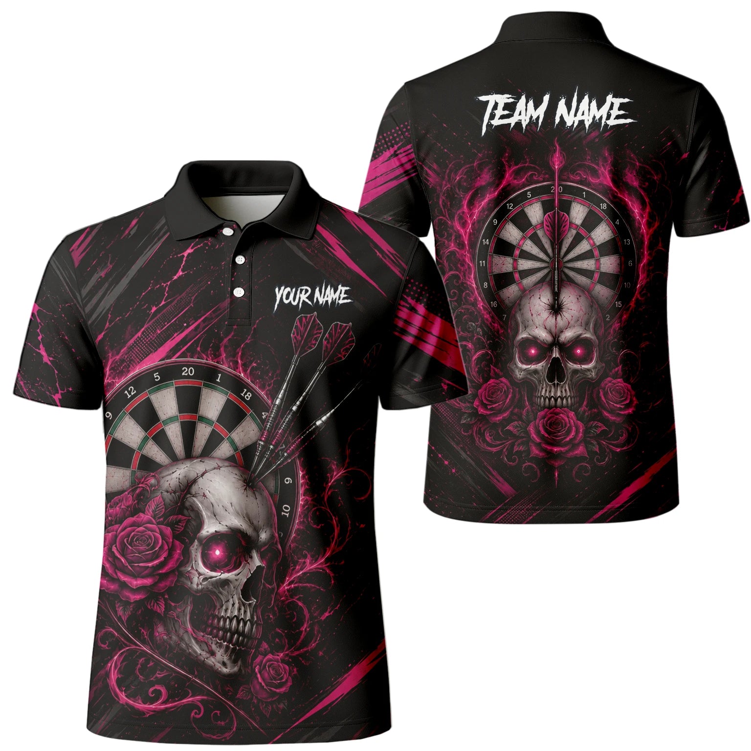 Personalised Black & Pink Skull and Roses Darts Shirt For Men V308
