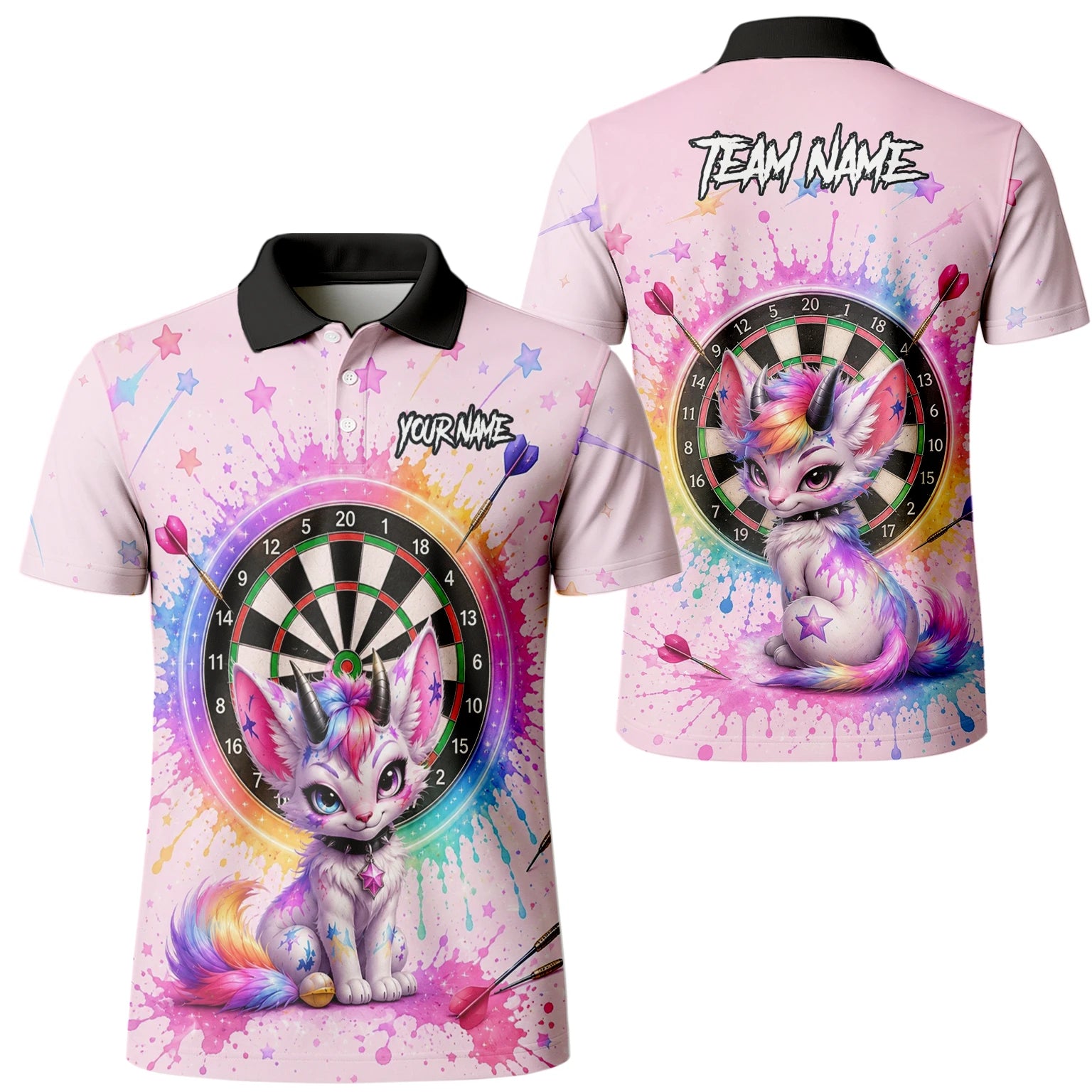 Personalised Pink & Rainbow Fantasy Cat Unicorn Darts Shirt For Men X398