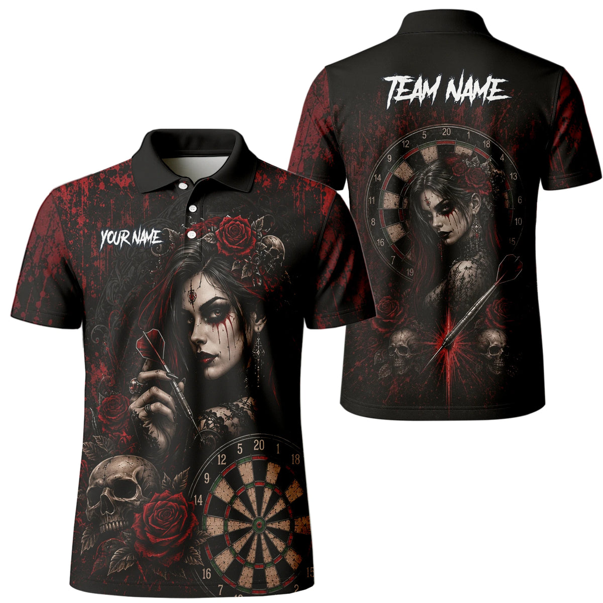 Personalised Black & Red Gothic Woman Skull Darts Shirt For Men W035