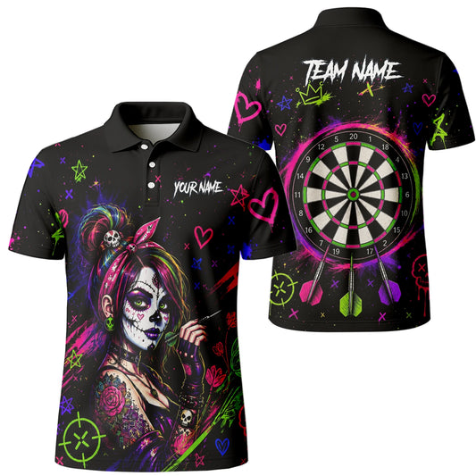 Personalised Black Neon Sugar Skull Woman Darts Shirt For Men K745