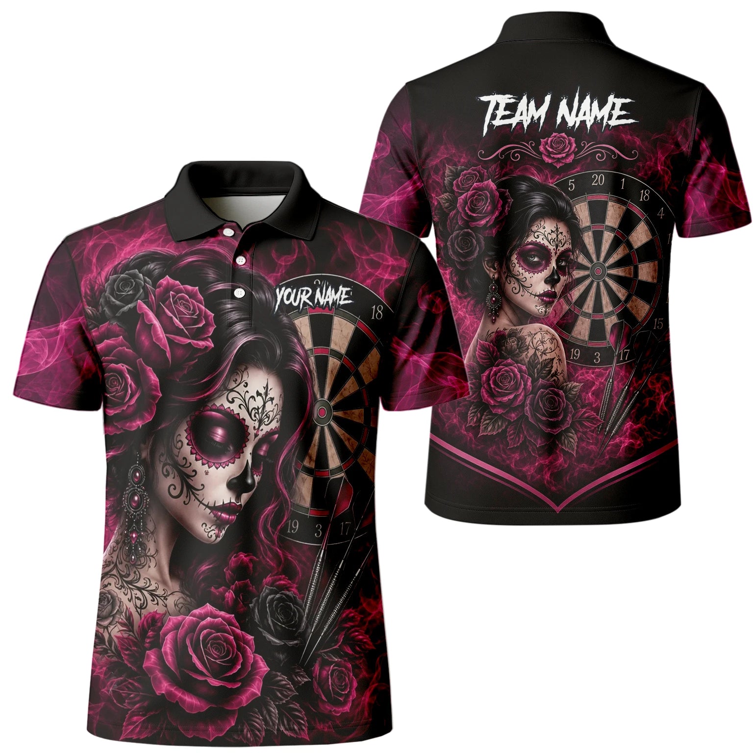 Personalised Black & Pink Sugar Skull Roses Darts Shirt For Men Z109