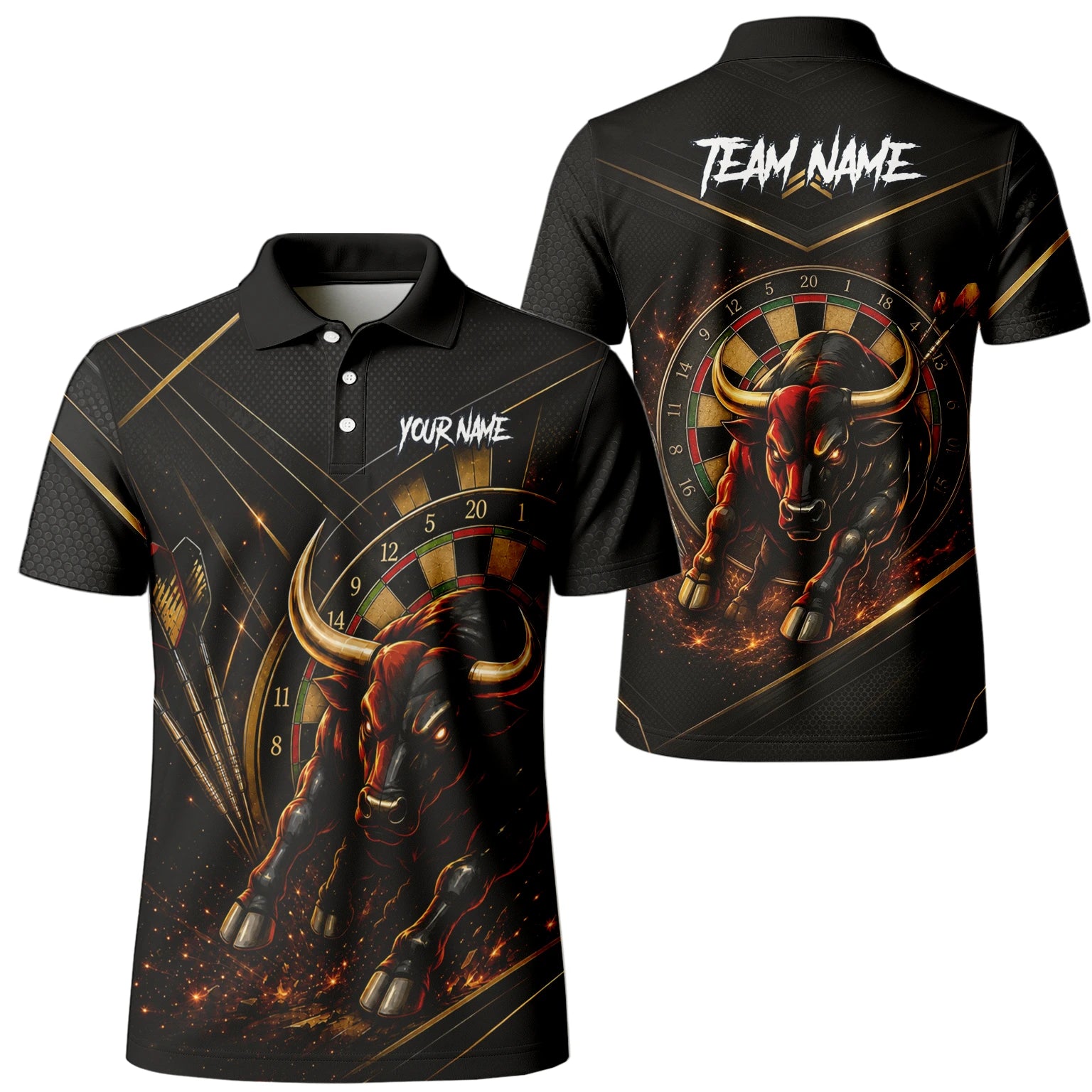 Personalised Black & Gold Bull Darts Polo Shirt For Men K607