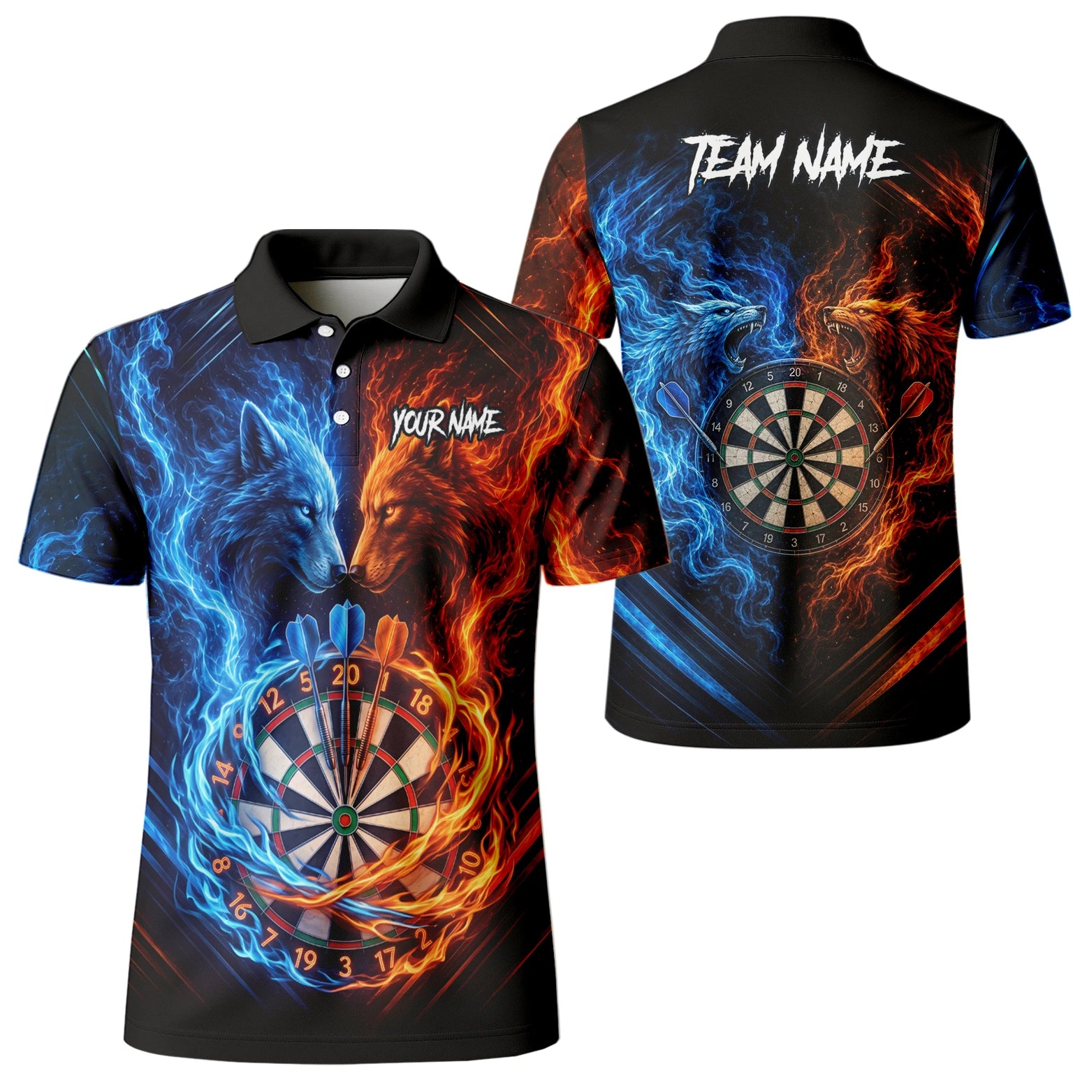 Personalised Blue & Orange Wolf Flame Dartboard Darts Shirt For Men A749