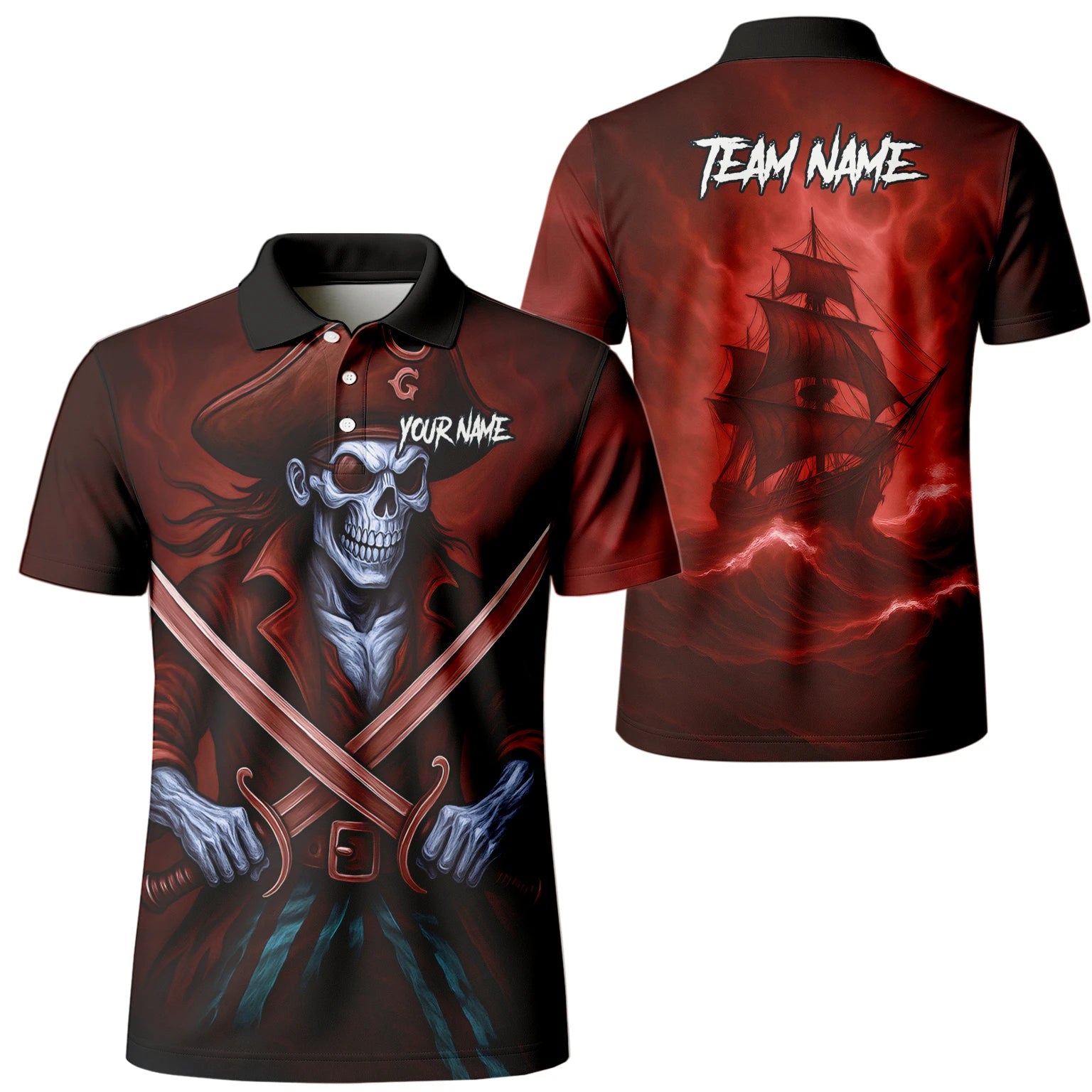 Personalised Red & Black Pirate Skull Crossed Swords Darts Shirt For Men TR8209