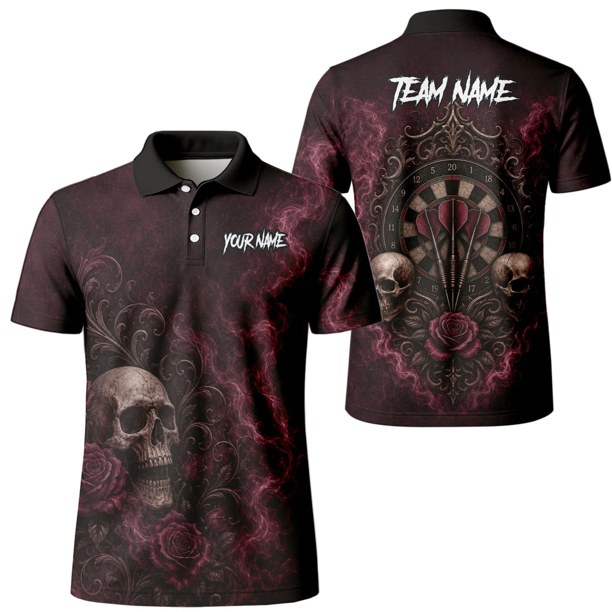 Personalised Burgundy & Black Skull Rose Darts Shirt For Men U786