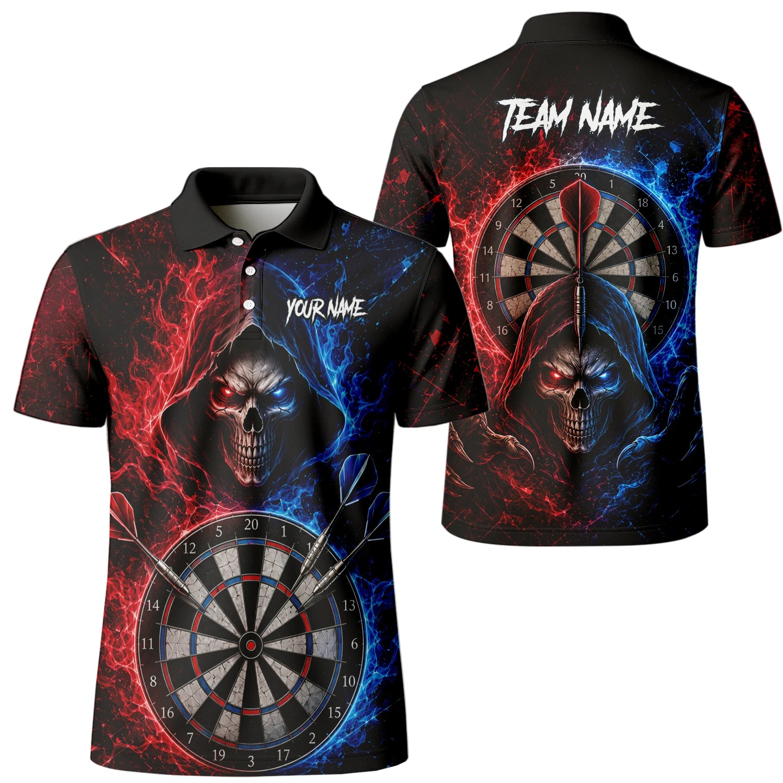 Personalised Red & Blue Split Skull Darts Polo Shirt For Men L857