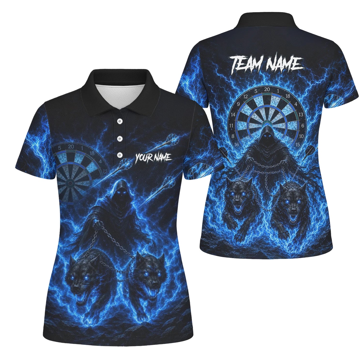 Personalised Black & Blue Grim Reaper and Wolves Darts Shirt For Women X871