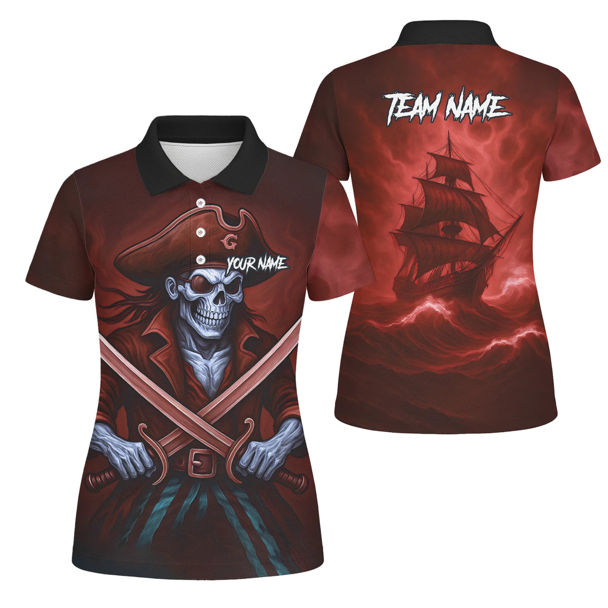 Personalised Red & Black Pirate Skull Crossed Swords Darts Shirt For Women TR8209