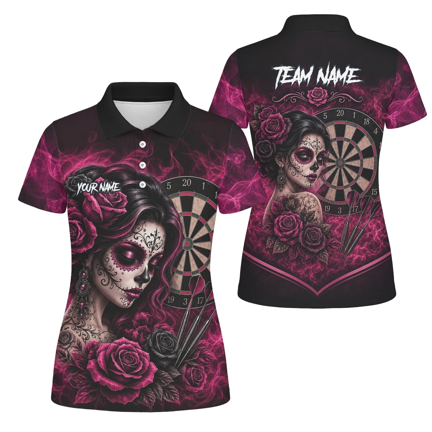 Personalised Black & Pink Sugar Skull Roses Darts Shirt For Women Z109