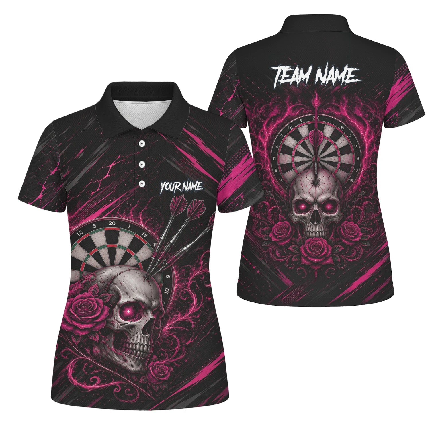 Personalised Black & Pink Skull and Roses Darts Shirt For Women V308