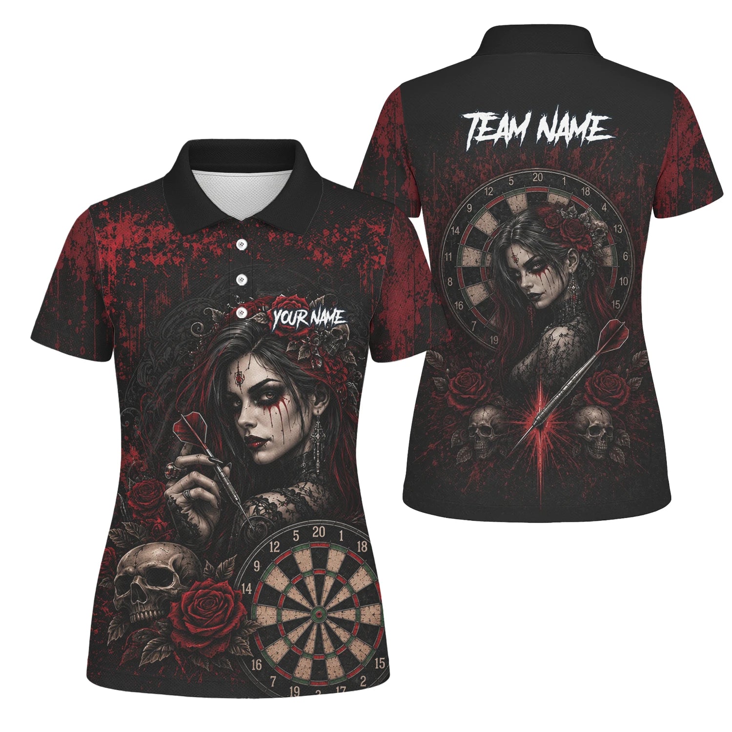 Personalised Black & Red Gothic Woman Skull Darts Shirt For Women W035