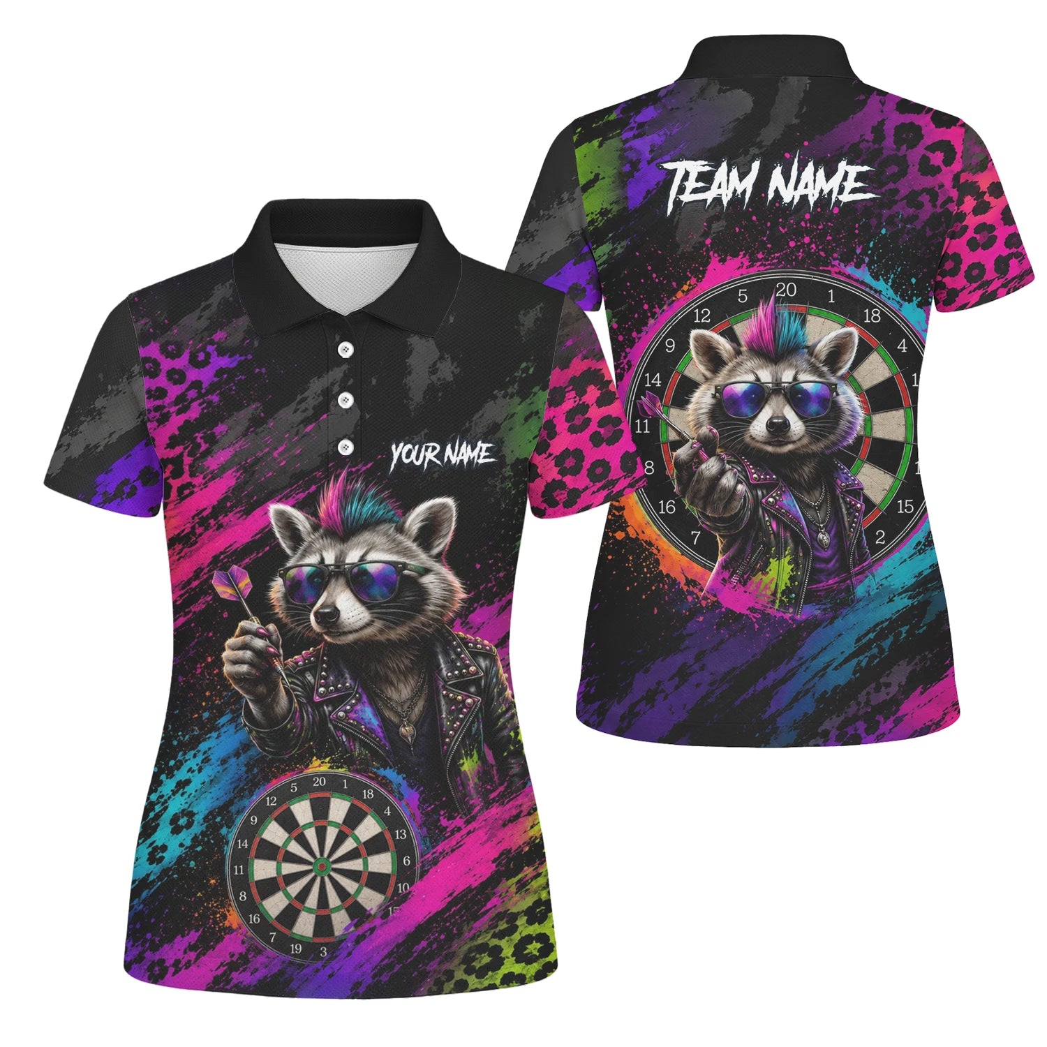 Personalised Black Multicolour Punk Raccoon Dartboard Darts Shirt For Women E164