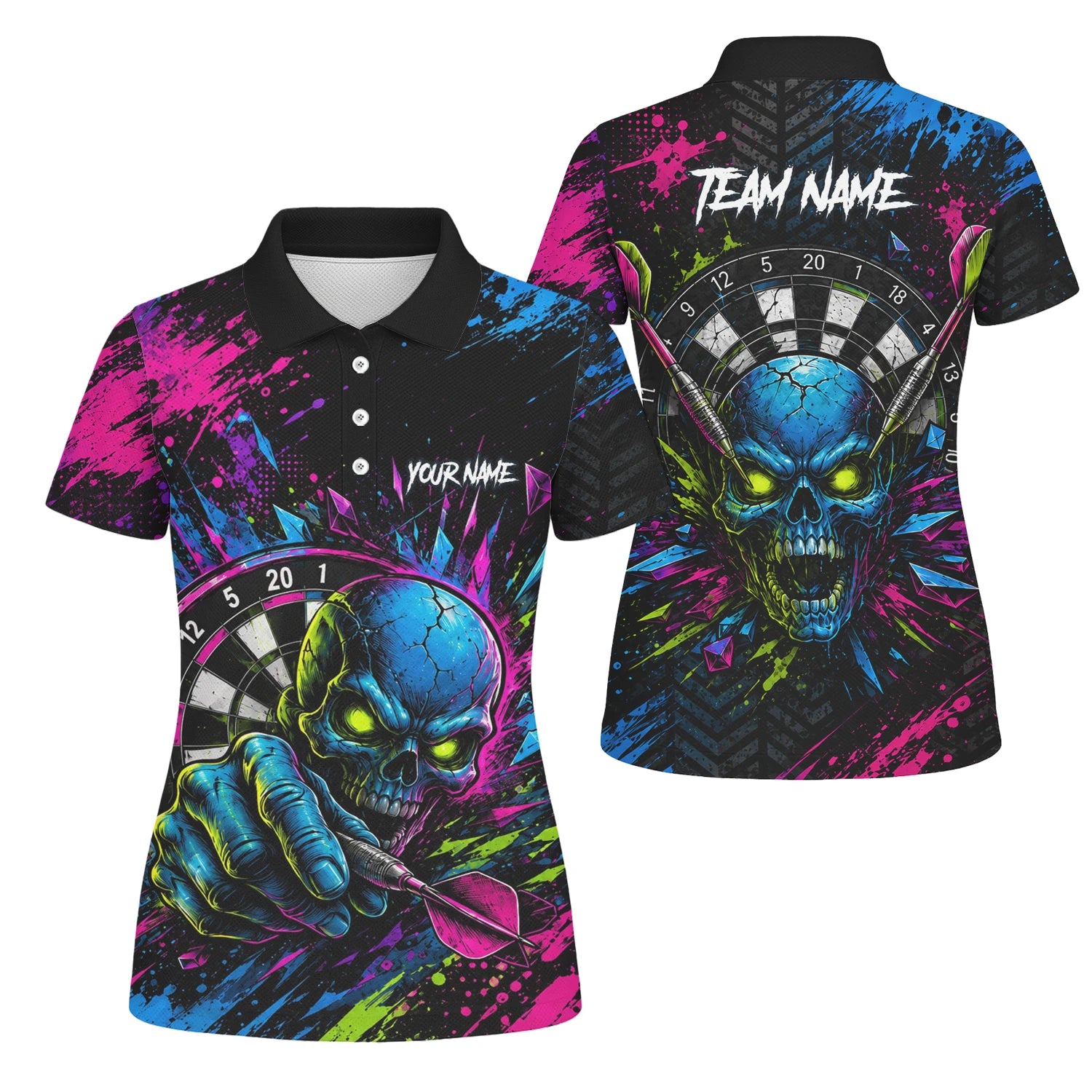 Personalised Neon Blue Green & Pink Skull Dartboard Darts Shirt For Women S232