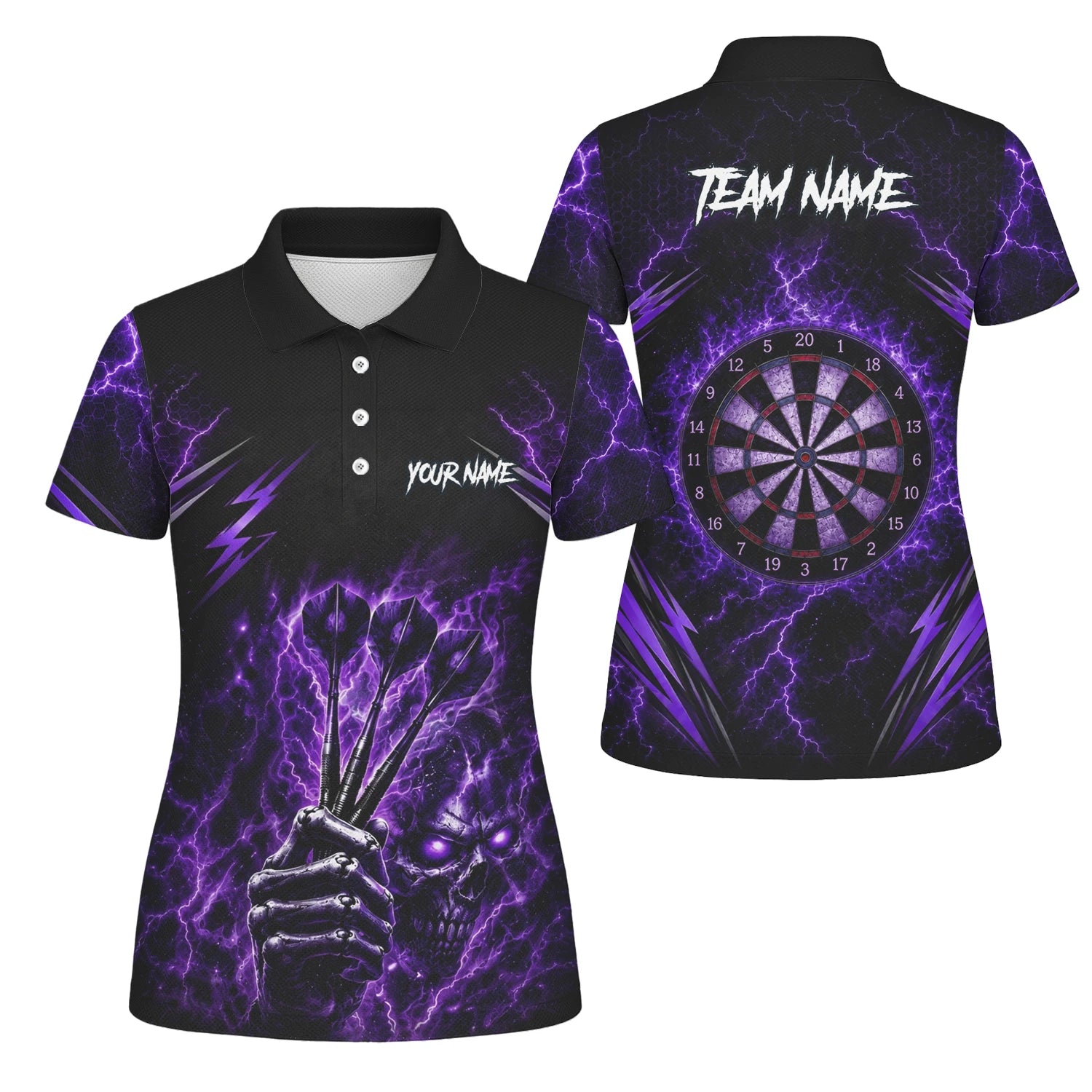 Personalised Black & Purple Lightning Skeleton Hand Darts Shirt For Women H822