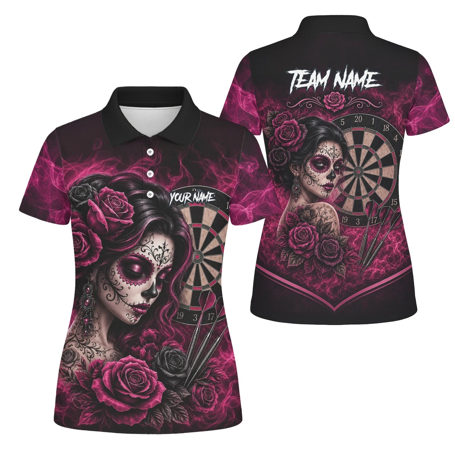 Personalised Black & Pink Sugar Skull Roses Darts Shirt For Women Z109