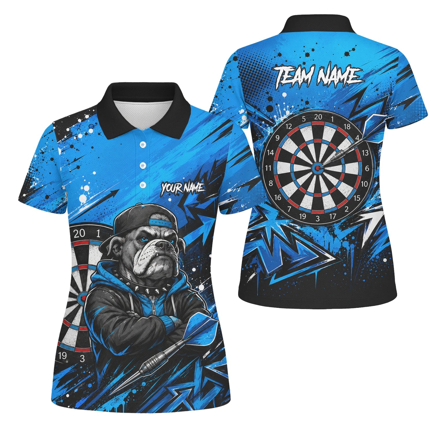 Personalised Blue & Black Bulldog Darts Shirt For Women D529