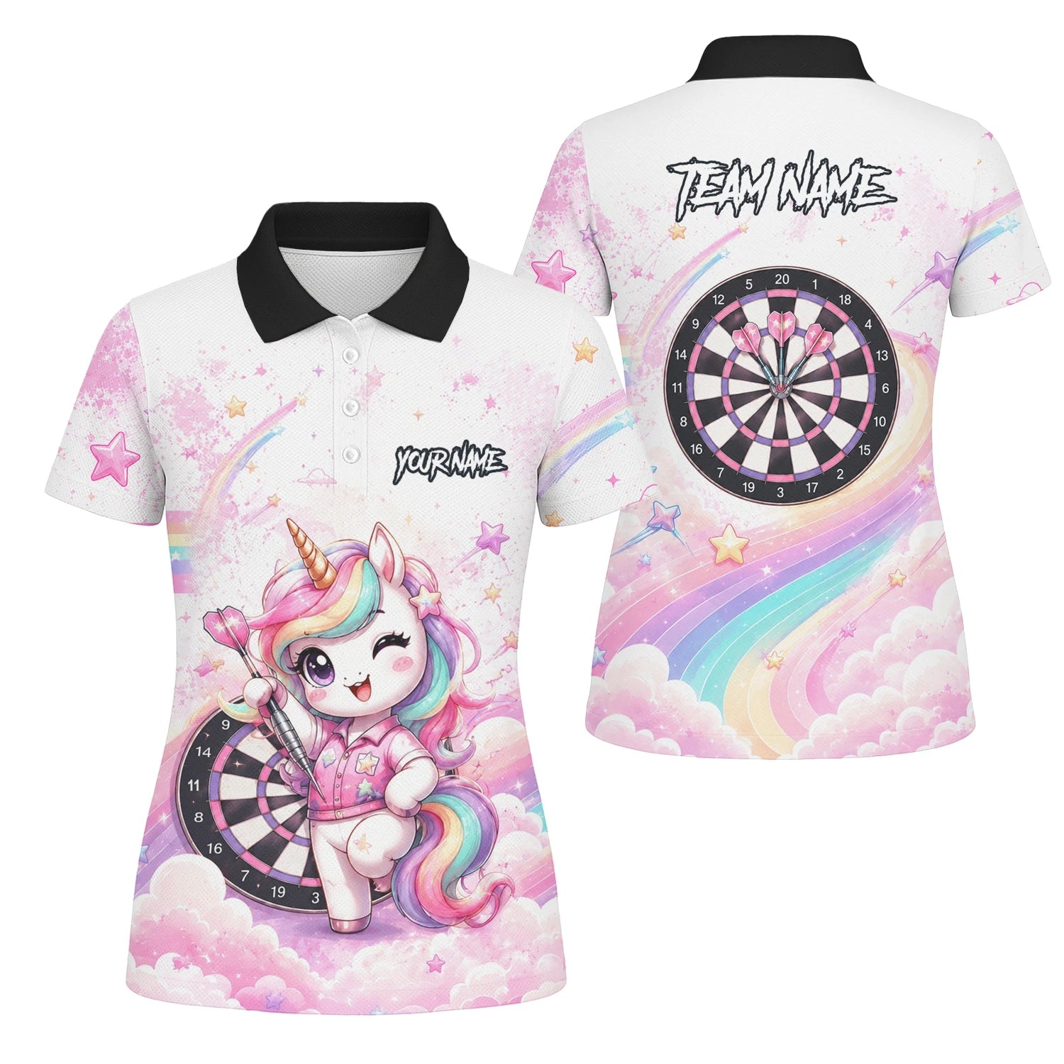 Personalised Pink & White Rainbow Unicorn Darts Shirt For Women F188