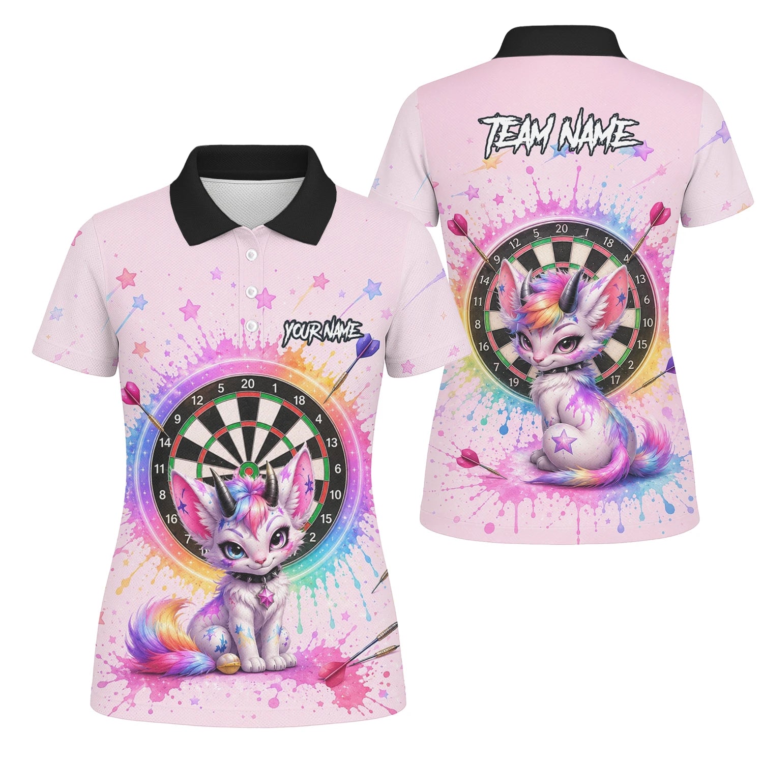 Personalised Pink & Rainbow Fantasy Cat Unicorn Darts Shirt For Women X398