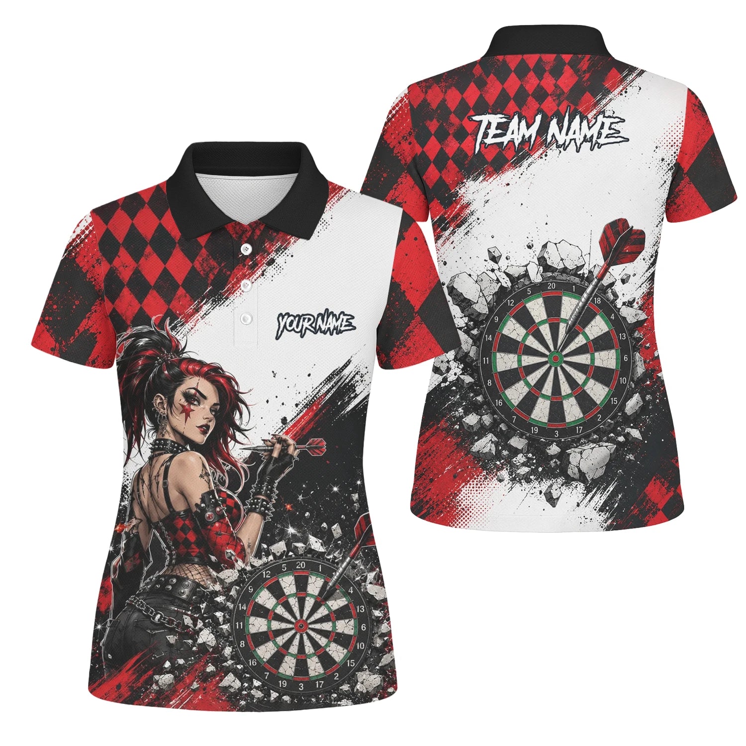 Personalised Red & Black Gothic Harlequin Darts Polo Shirt For Women K572