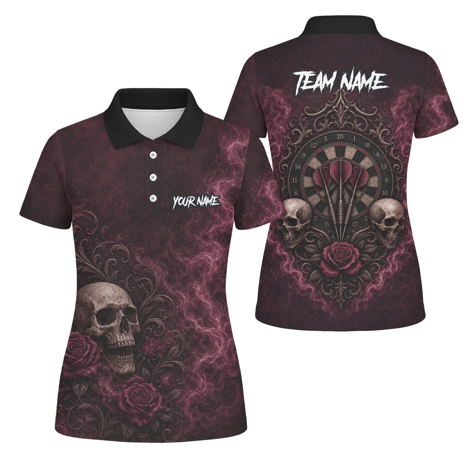 Personalised Burgundy & Black Skull Rose Darts Shirt For Women U786